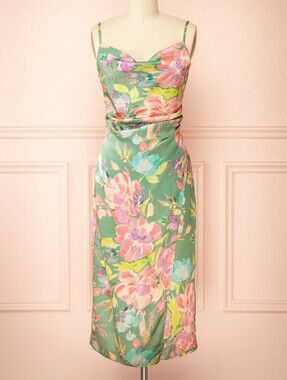ELF Green Midi Slip Dress with Pink and Pastel Floral Print